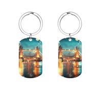 Tower Bridge in London England Night Cute Metal Tags Rectangular Keychain Stainless Steel Key Rings Dog Label 2" X 1.1"