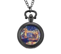 Tower Bridge in London Fireworks Classic Quartz Pocket Watch Vintage Men's Pocketwatch with Chain Christmas Gifts for Father Husband Boyfriend