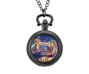 Tower Bridge in London Fireworks Classic Quartz Pocket Watch Vintage Men's Pocketwatch with Chain Christmas Gifts for Father Husband Boyfriend