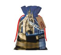 Tower Bridge In London Print Festive Red Drawstring Bag, Small Favors Pouch Ideal For Christmas Party Gifting-S Size