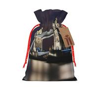 Tower Bridge In London Print Festive Red Drawstring Bag, Small Favors Pouch Ideal For Christmas Party Gifting-S Size