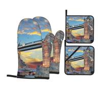 Tower Bridge in London Printed Oven Gloves Heat Resistant, Non Slip oven mitts Potholder with Hanging Loop for Kitchen Grilling, Baking, Bbq (4 Pcs)