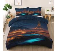 Tower Building Duvet Cover Set Twin Size, Riverside Boat Bedding Set, Urban Architecture Comforter Cover with 2 Pillow Shams, Comfy Breathable Lightweight Cyber Style Comforter Cover