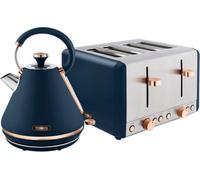 TOWER Cavaletto 1.7L 3 KW Pyramid Kettle and 4 Slice 1600W Toaster. Matching Kettle & 4 Slice Toaster Set in Midnight Blue & Rose Gold