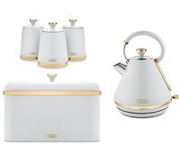 Tower Cavaletto 1.7L 3KW Pyramid Kettle, Bread Bin and Tea, Coffee, Sugar Canisters in Optic White with Brushed Champagne Gold Accents. Contemporary Matching Kitchen Set of 5 Items
