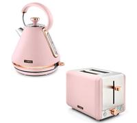 Tower Cavaletto Pink 1.7L 3KW Pyramid Kettle & 2 Slice 850w Toaster. Contemporary Matching Kettle & 2 Slice Toaster Set in Pink & Rose Gold