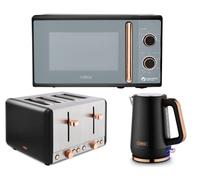 Tower Cavaletto 3-Piece Kitchen Set, Black Rose Gold, 3Kw Kettle, 4-Slice Toaster, 800W 20L Microwave