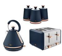 TOWER Cavaletto 1.7L 3 KW Pyramid Kettle, 4 Slice 1600W Toaster and Set of 3 Tea, Coffee & Sugar Canisters. Contemporary Matching Kitchen Set of 5 Items in Midnight Blue & Rose Gold