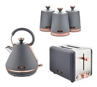 Tower Cavaletto Grey & Rose Gold 3KW 1.7L Pyramid Kettle, 2 Slice 850W Toaster & Set of 3 Tea, Coffee, Sugar Canisters. Matching Kitchen Set of 5 Items in Grey & Rose Gold