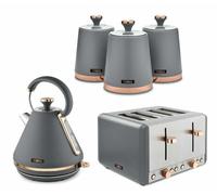 TOWER Cavaletto Pyramid Kettle, 4-Slice Toaster & Set of 3 Tea, Coffee & Sugar Canisters in Grey & Rose Gold. Matching Grey Kitchen Set