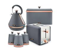 Tower Cavaletto 4 Piece Kitchen Set, 3kW 1.7L Pyramid Kettle, 2 Slice Toaster, Bread Bin & 3 x 1.3L Canisters, Grey & Rose Gold, EEJB471