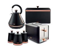 Tower Cavaletto 4 Piece Kitchen Set, 3kW 1.7L Pyramid Kettle, 2 Slice Toaster, Bread Bin & 3 x 1.3L Canisters, Black & Rose Gold, EEJB472