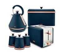 Tower Cavaletto 4 Piece Kitchen Set, 3kW 1.7L Pyramid Kettle, 2 Slice Toaster, Bread Bin & 3 x 1.3L Canisters, Midnight Blue, EEJB470