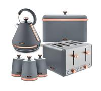 Tower Cavaletto 4 Piece Kitchen Set, 3kW 1.7L Pyramid Kettle, 4 Slice Toaster, Bread Bin & 3 x 1.3L Canisters, Grey, EEJB474