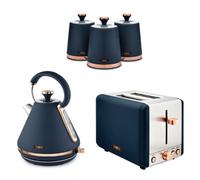 Tower Cavaletto 5-Piece Kitchen Set - 1.7L 3Kw Kettle, 2-Slice Toaster & Tea Coffee Sugar Canisters - Midnight Blue And Rose Gold