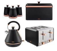 Tower Cavaletto 6-Piece Kitchen Set - 1.7L Pyramid Kettle, 4-Slice Toaster, Bread Bin & Canisters, Black And Rose Gold