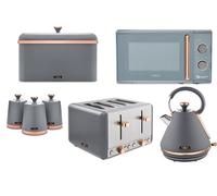 Tower Cavaletto 7-Piece Kitchen Set - Grey And Rose Gold Kettle, 4-Slice Toaster, 20L Microwave, Bread Bin & Canisters