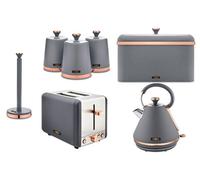 Tower Cavaletto 7-Piece Kitchen Set, Matte Grey With Rose Gold, Kettle, Toaster, Bread Bin And Canisters