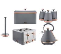 Tower Cavaletto 7-Piece Matte Grey Kitchen Set - 1.7L 3Kw Pyramid Kettle, 4-Slice Toaster, Bread Bin, 3 Canisters & Roll Holder