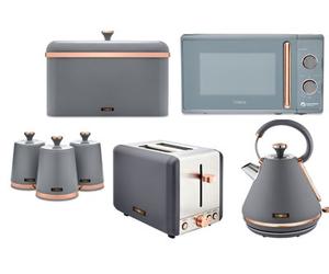Tower Cavaletto 7Pc Grey & Rose Gold Set - Kettle, Toaster, 20L Microwave & Canisters