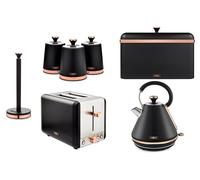 Tower Cavaletto Black 1.7L 3KW Pyramid Kettle, 2 Slice Toaster, Bread Bin, Canisters & Kitchen Roll Holder. Contemporary Kitchen Set of 7 in Matte Black Finish with Rose Gold Accents