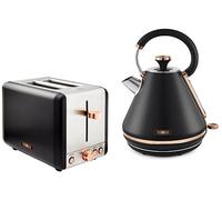 TOWER Cavaletto Black 1.7L 3KW Pyramid Kettle & 2 Slice Toaster. Matching Kettle & 2 Slice Toaster Set in Black & Rose Gold