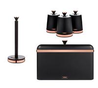 Tower Cavaletto Black Bread Bin, Tea, Coffee, Sugar Canisters and Kitchen Roll Holder. Contemporary Kitchen Storage Set of 5 Items. Matte Black finish with Elegant Rose Gold Accents