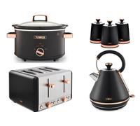 Tower Cavaletto Black Kettle 4 Slice Toaster Large 6.5L Slow Cooker 3 Canisters [EEK: Compliant]