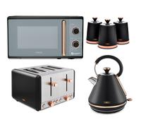 Tower Cavaletto Black & Rose Gold 1.7L 3KW Pyramid Kettle, 4 Slice Toaster, 800W 20L Microwave & 3 Tea, Coffee & Sugar Canisters. Contemporary Matching Kitchen Set of 6