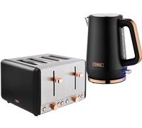 Tower Cavaletto Black Kettle & Toaster Set - 1.7L 3KW Jug Kettle & 4 Slice Toaster - Rose Gold Accents, Matching Kitchen Appliances Bundle Set