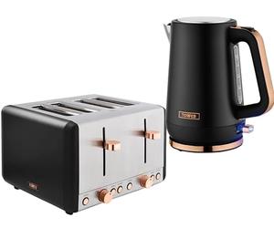 Tower Cavaletto Black Kettle & Toaster Set - 1.7L 3KW Jug Kettle & 4 Slice Toaster - Rose Gold Accents, Matching Kitchen Appliances Bundle Set