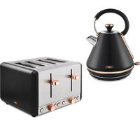 Tower Cavaletto Black & Rose Gold 1.7L 3KW Pyramid Kettle & 4 Slice 1800W Toaster. Contemporary Matching Kettle & 4 Slice Toaster Set in Black & Rose Gold