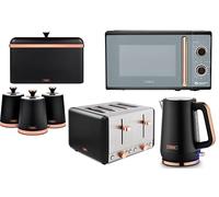 Tower Cavaletto Black & Rose Gold 7 Piece Kitchen Appliance & Storage Set - 1.7L Jug Kettle, 4 Slice Toaster, 800W 20L Microwave, Breadbin & 3 Canisters. Contmeporary Matching Kitchen Set