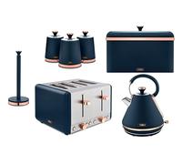 Tower Cavaletto Blue 1.7L 3KW Pyramid Kettle, 4 Slice Toaster, Bread Bin, Canisters & Kitchen Roll Holder. Contemporary Matching Kitchen Set of 7 in Matte Midnight Blue Finish with Rose Gold Accents