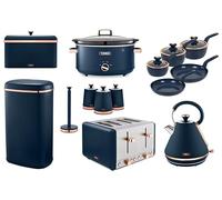 Tower Cavaletto Blue Kettle, 4 Slice Toaster, 6.5L Slow Cooker, Bread Bin, Canisters, Kitchen Roll Holder, 5 Piece Pan Set & 58L Sensor Bin. Kitchen Set of 14 in Midnight Blue & Rose Gold Accents