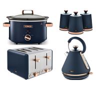 Tower Cavaletto Blue Kettle 4 Slice Toaster Slow Cooker & Canisters Kitchen Set [EEK: Compliant]