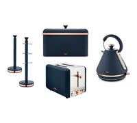 Tower Cavaletto Blue & Rose Gold Pyramid Kettle Toaster Bread Bin Mug Tree & Towel Pole Set