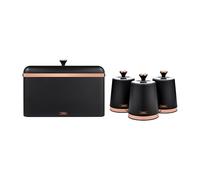 Tower Cavaletto Bread Bin, Removable Lid and Set of 3 Storage Canisters for Coffee/Sugar/Tea, Steel, Black and Rose Gold