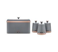 Tower Cavaletto Bread Bin, Removable Lid and Set of 3 Storage Canisters for Coffee/Sugar/Tea, Steel, Grey and Rose Gold