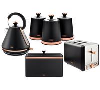 Tower Cavaletto 4 Piece Kitchen Set, 3kW 1.7L Pyramid Kettle, 2 Slice Toaster, Bread Bin & 3 x 1.3L Canisters, Black & Rose Gold, EEJB472