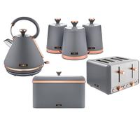 Tower Cavaletto 4 Piece Kitchen Set, 3kW 1.7L Pyramid Kettle, 4 Slice Toaster, Bread Bin & 3 x 1.3L Canisters, Grey, EEJB474