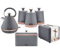 Tower Cavaletto Kitchen Set 4 Piece Bundle - 3kW 1.7L Pyramid Kettle & 2 Slice Toaster with Bread Bin & Canisters - Grey & Rose Gold - EEJB471
