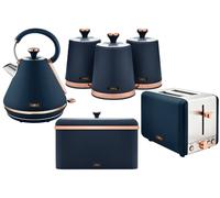 Tower Cavaletto 4 Piece Kitchen Set, 3kW 1.7L Pyramid Kettle, 2 Slice Toaster, Bread Bin & 3 x 1.3L Canisters, Midnight Blue, EEJB470