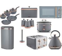 Tower Cavaletto Complete Kitchen Set of 15 in Grey - Pyramid Kettle, 4 Slice Toaster, Microwave, 3.5L Slow Cooker, Bread Bin, 3 Canisters, Towel Pole, 5 Piece Pan Set & 58L Sensor Bin
