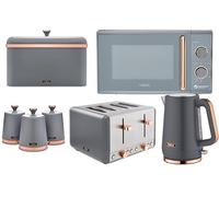 Tower Cavaletto Grey 7 Piece Kitchen Appliance & Storage Set - 1.7L Jug Kettle, 4 Slice Toaster, 800W 20L Microwave, Bread Bin & 3 Canisters. Contemporary Matching Bundle Set with Rose Gold Accents