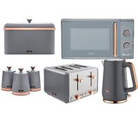 Tower Cavaletto Grey 7-Piece Kitchen Set - 1.7L 3Kw Kettle, 4-Slice Toaster, 800W Microwave, Bread Bin & 3 Canisters