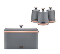 Tower Cavaletto Grey Bread Bin and Tea, Coffee & Sugar Canisters. Contemporary Kitchen Storage Set in Grey with Rose Gold Accents
