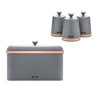 Tower Cavaletto Grey Bread Bin and Tea, Coffee & Sugar Canisters. Contemporary Kitchen Storage Set in Grey with Rose Gold Accents