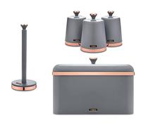 Tower Cavaletto Grey Bread Bin, Tea, Coffee, Sugar Canisters and Kitchen Roll Holder. Contemporary Kitchen Storage Set of 5 Items. Matte Grey finish with Elegant Rose Gold Accents