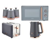 Tower Cavaletto Grey 6 Piece Kitchen Appliance & Storage Set - 1.7L 3KW Kettle, 2 Slice Toaster, 20L 800W Microwave & 3 Canisters Bundle Set - Matte Grey with Rose Gold Accents